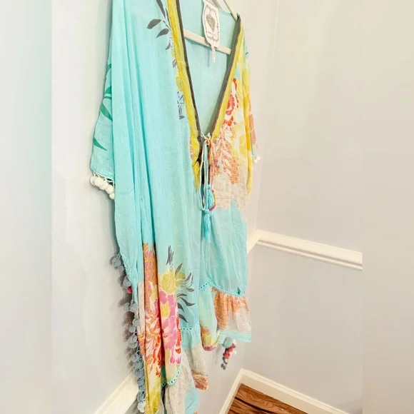 Anthropologie Top Z&L Made with With Love Boho Kaftan Aqua Floral Pom Pom Trim - Picture 3 of 7